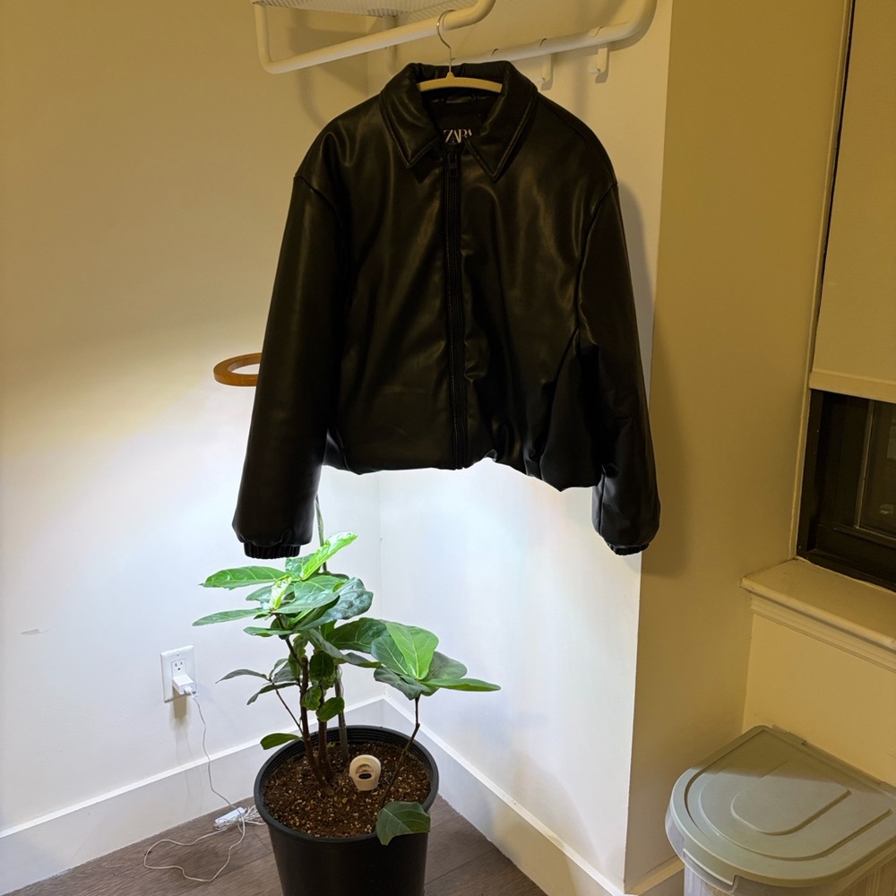 Zara Black Faux Leather Boxy Zip Jacket